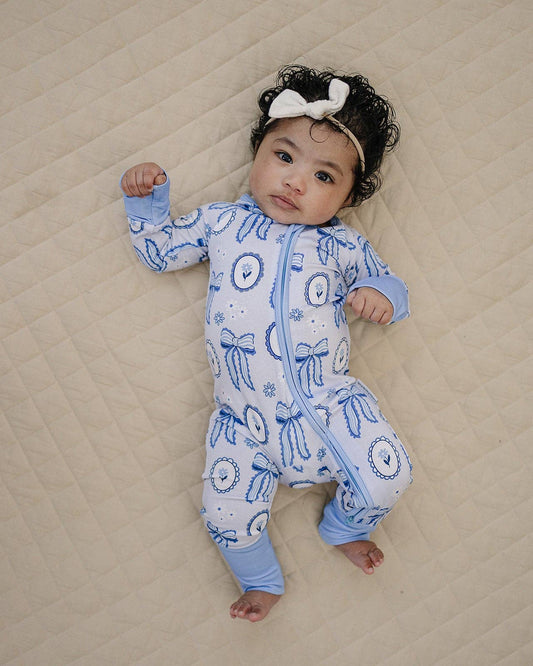 blue bow bamboo zip romper