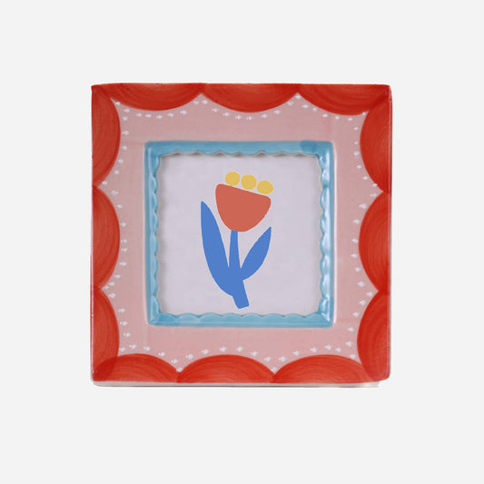 hand-painted ceramic photo frame, red scallop