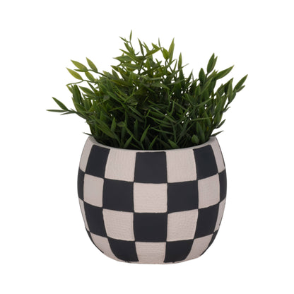 black + white pottery checkerboard rounded planter