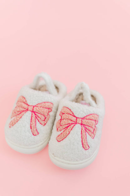 fuzzy plush slippers with pink bow - toddler/kids
