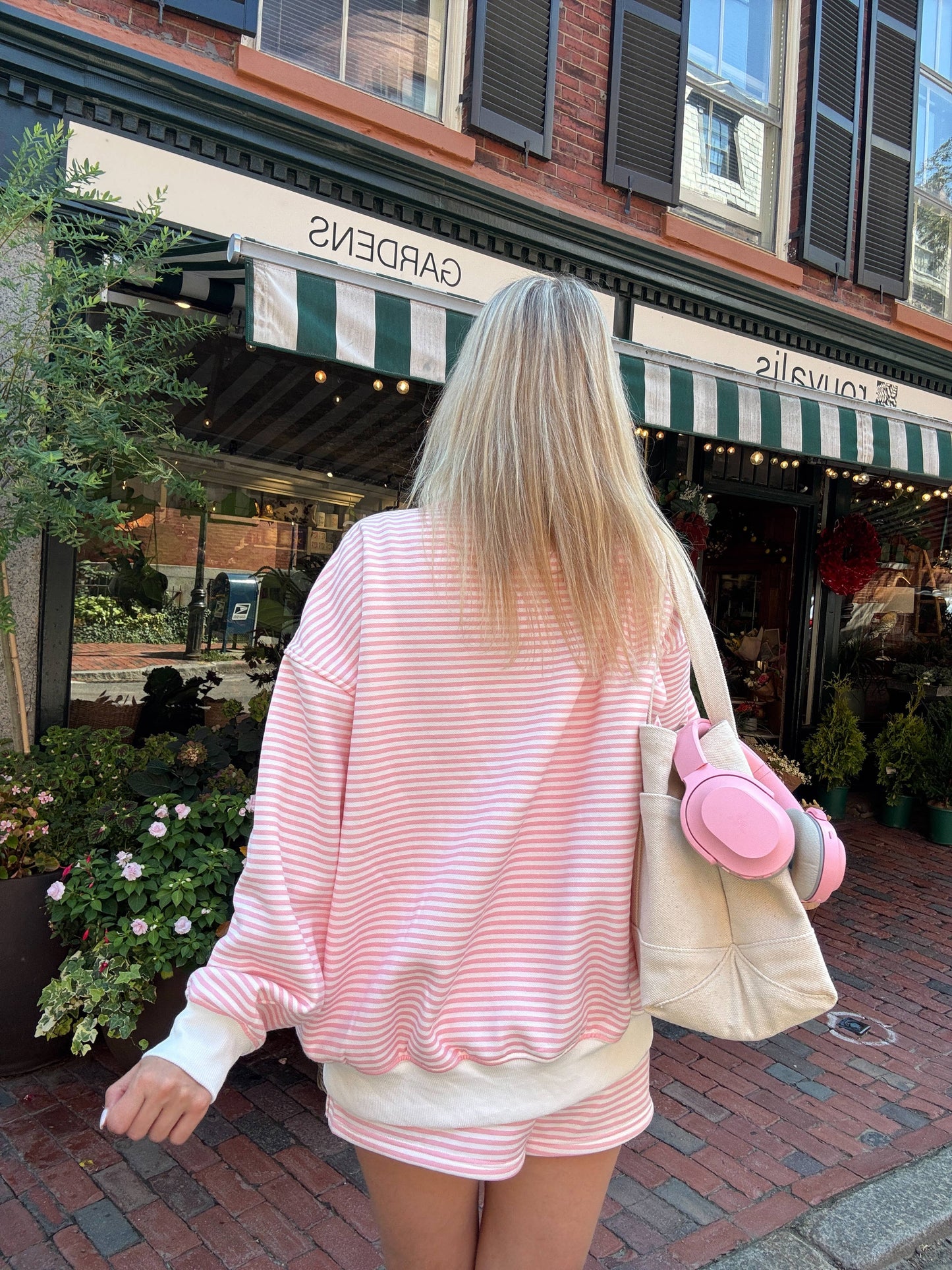 light pink + white big striped mockneck sweatshirt