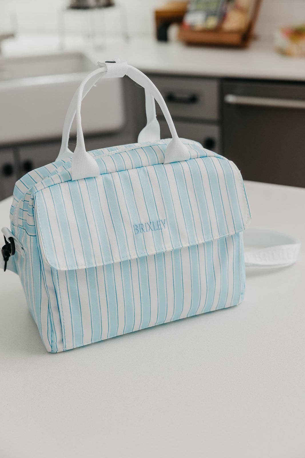 blue striped lunch box