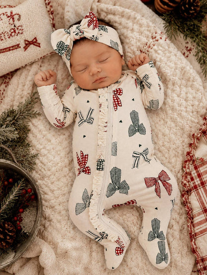 2-way zip ruffle footie, country christmas bows
