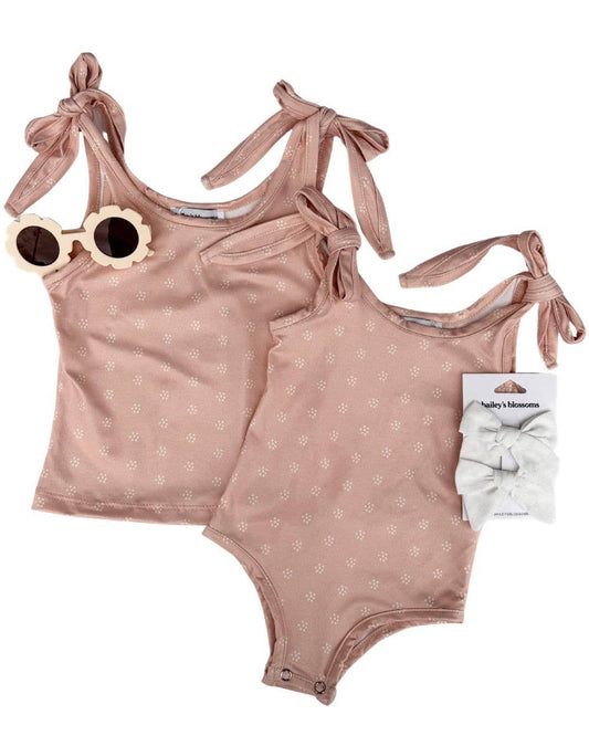 madden tie shoulder tank top + leotard - ditsy dune