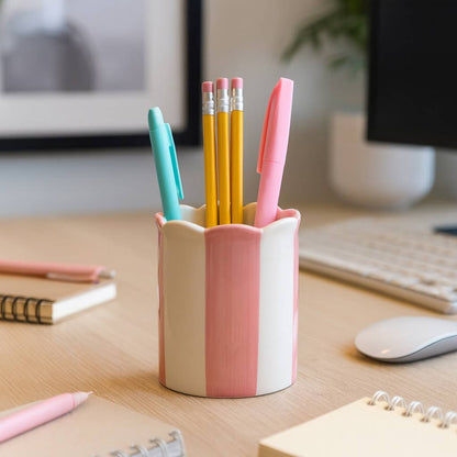 pink + ivory ceramic striped pencil cup