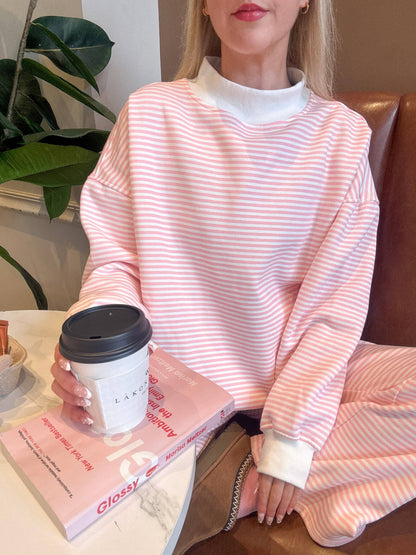 light pink + white big striped mockneck sweatshirt