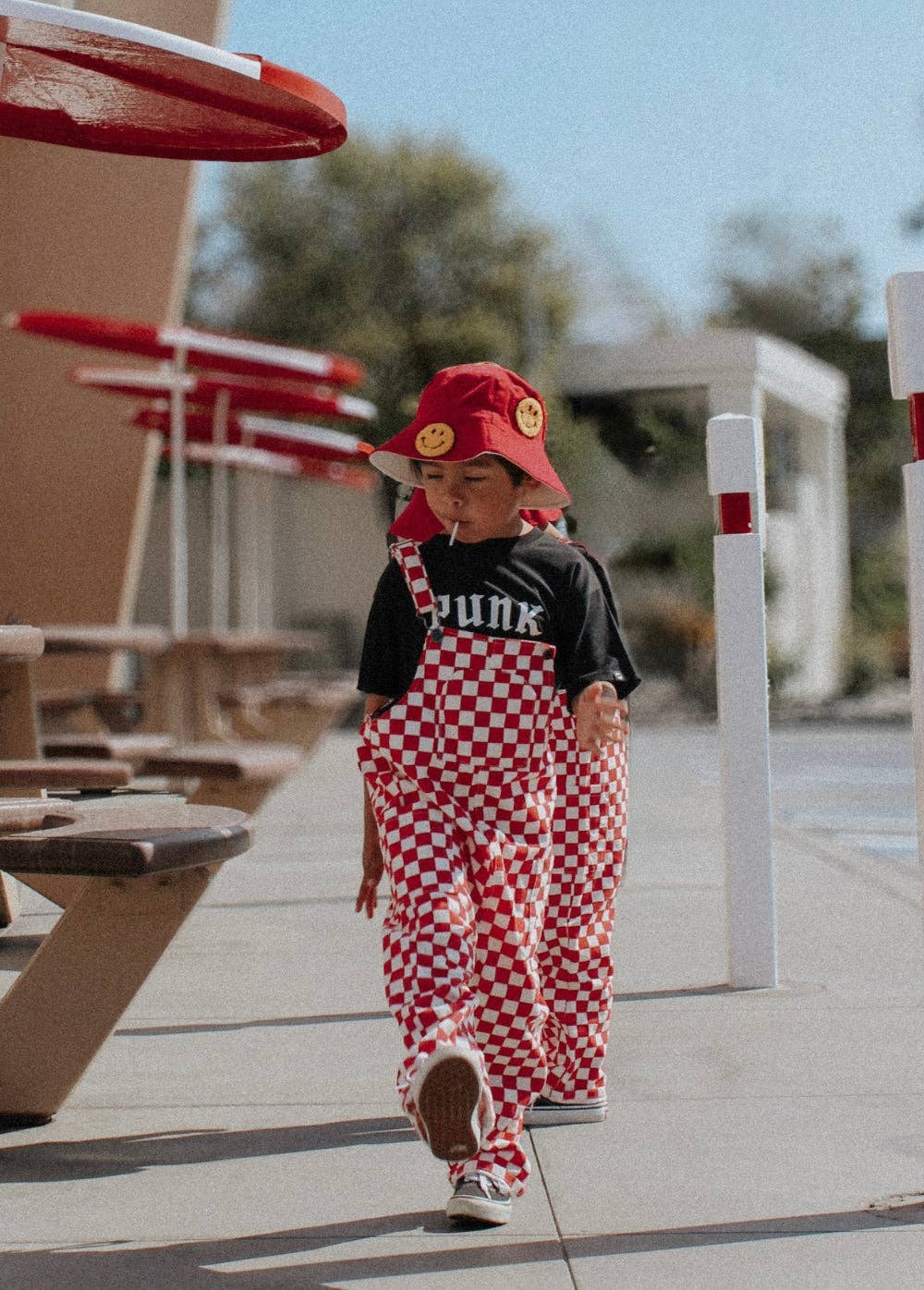 red checker overalls