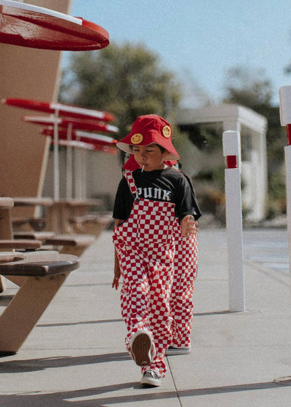 red checker overalls