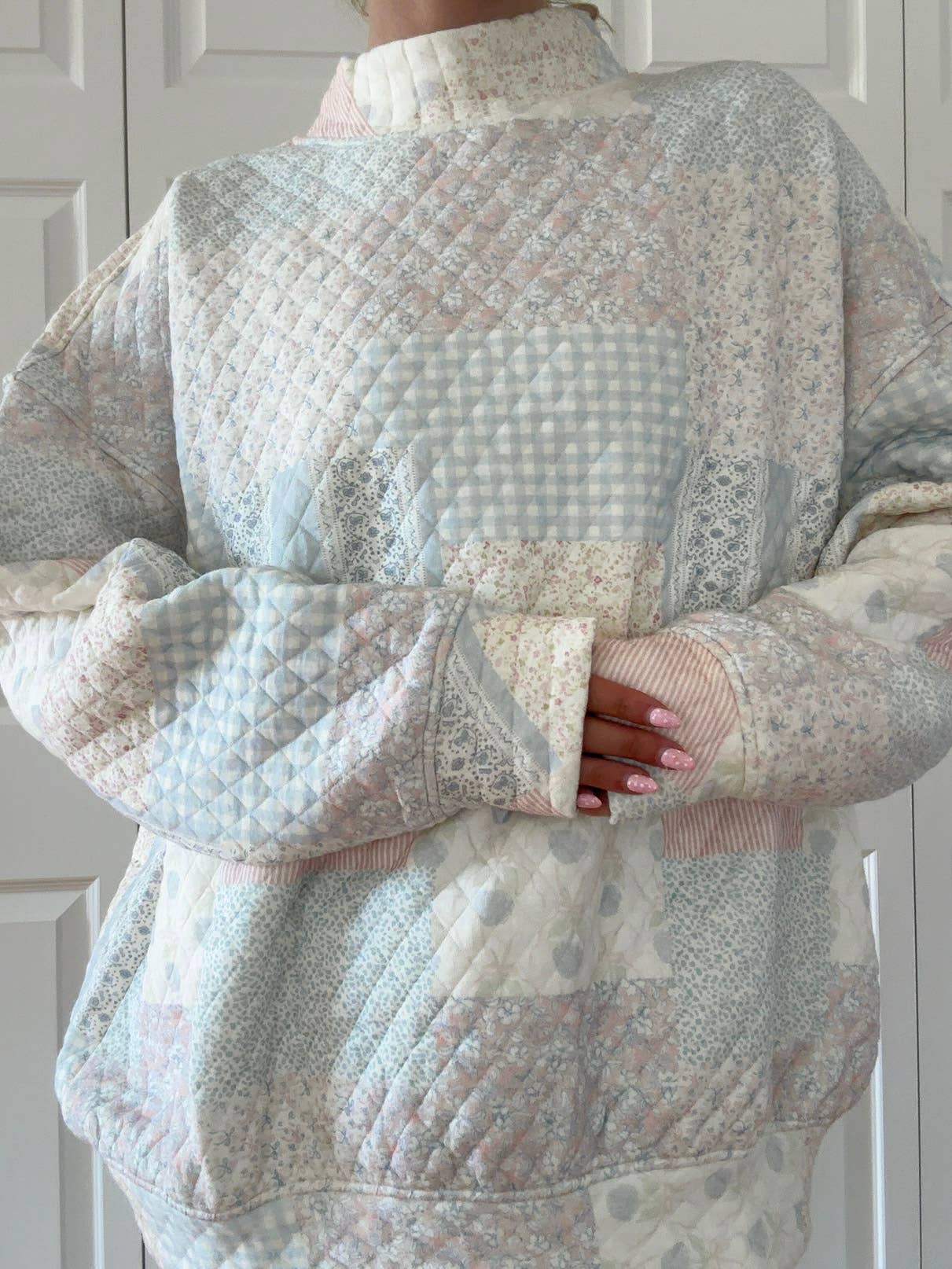 shades of blue quilted pastel mockneck sweatshirt