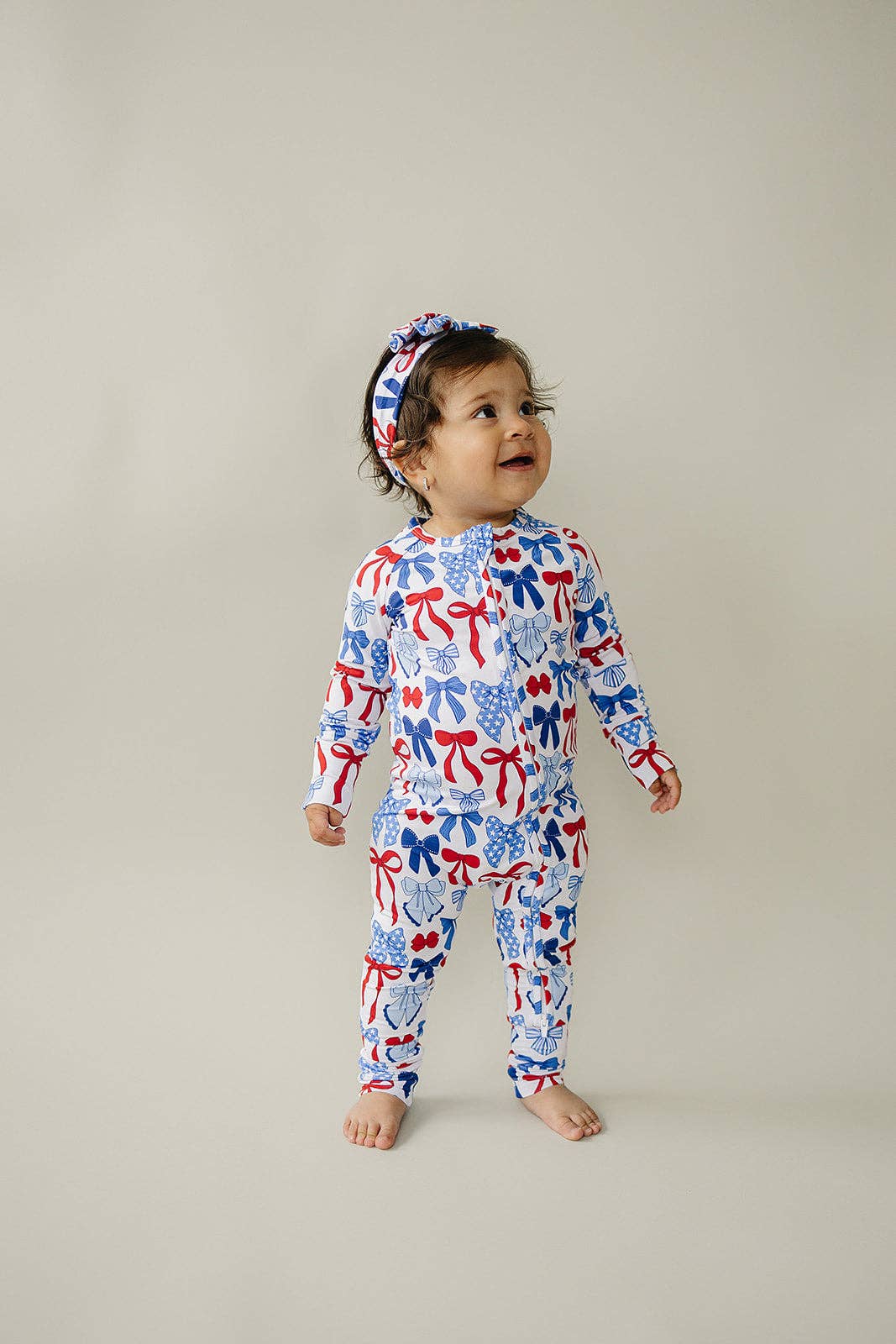 bamboo zip romper  | red-white + bows