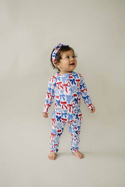 bamboo zip romper  | red-white + bows