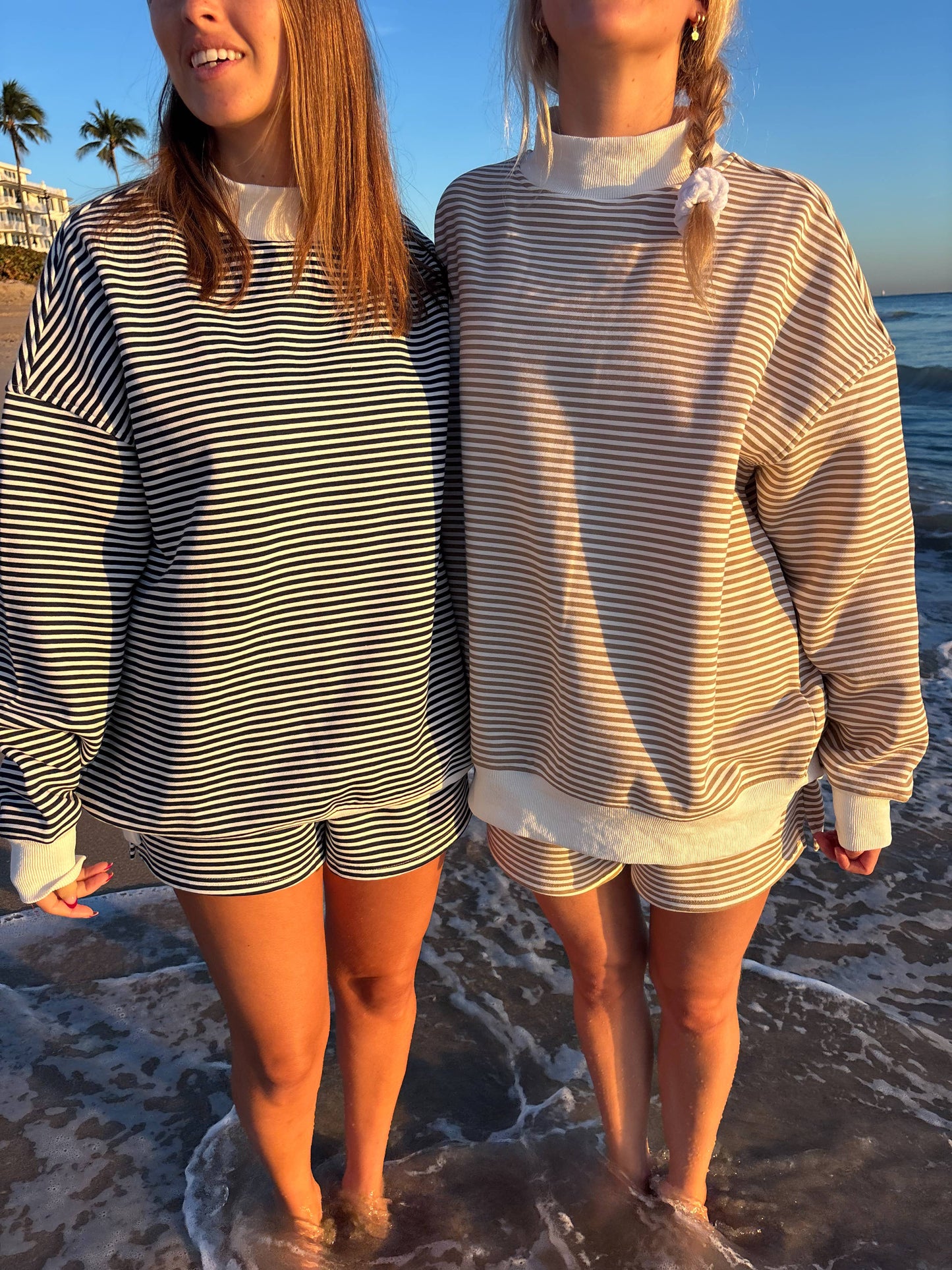 brown + white big striped mockneck sweatshirt