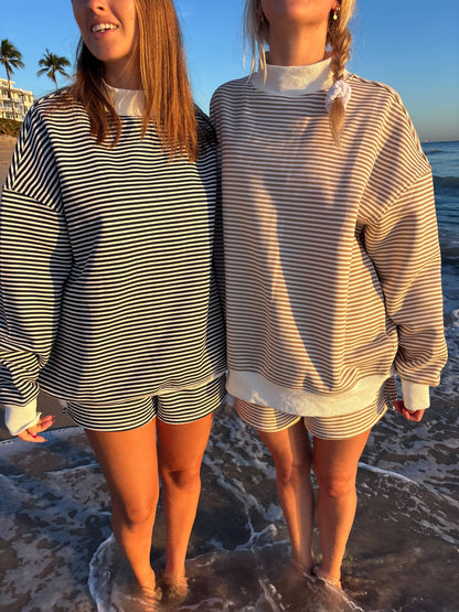 brown + white big striped mockneck sweatshirt
