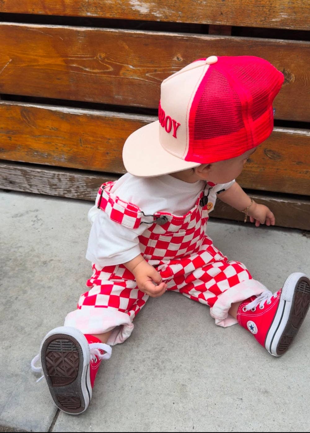 red checker overalls