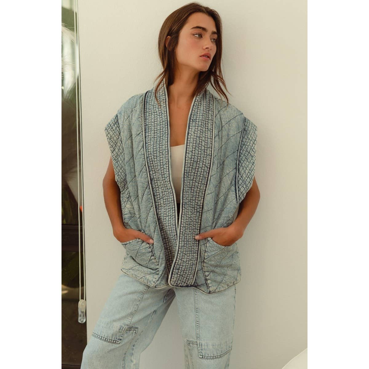 quilted washed chambray vest
