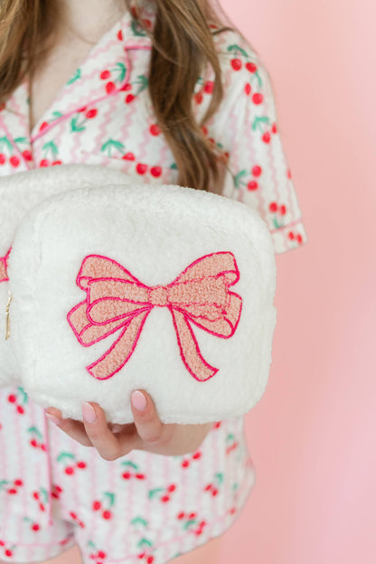cosmetic bag with embroidered pink bow - small