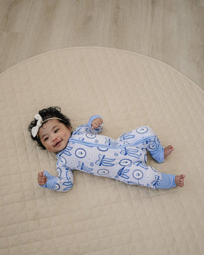 blue bow bamboo zip romper