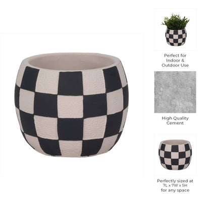 black + white pottery checkerboard rounded planter