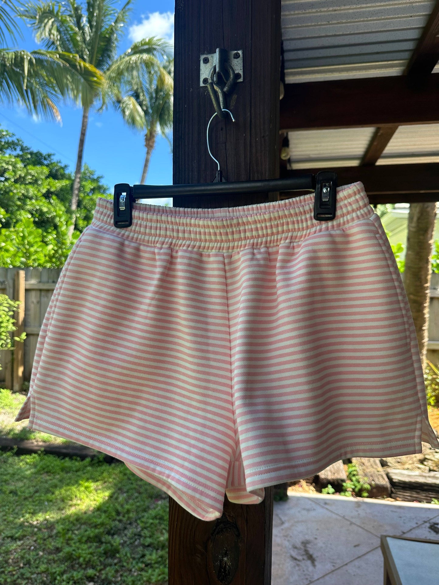 light pink + white big striped shorts