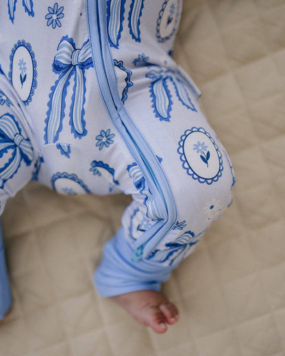 blue bow bamboo zip romper