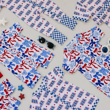 bamboo zip romper  | red-white + bows