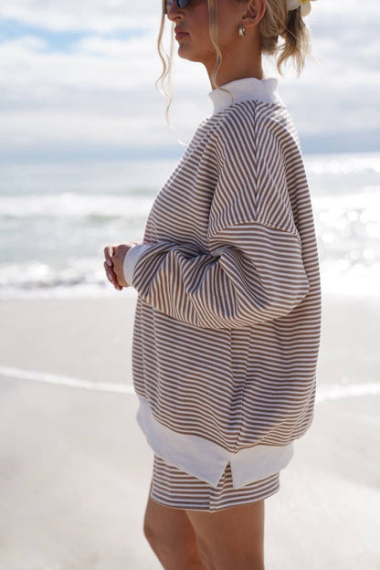 brown + white big striped mockneck sweatshirt