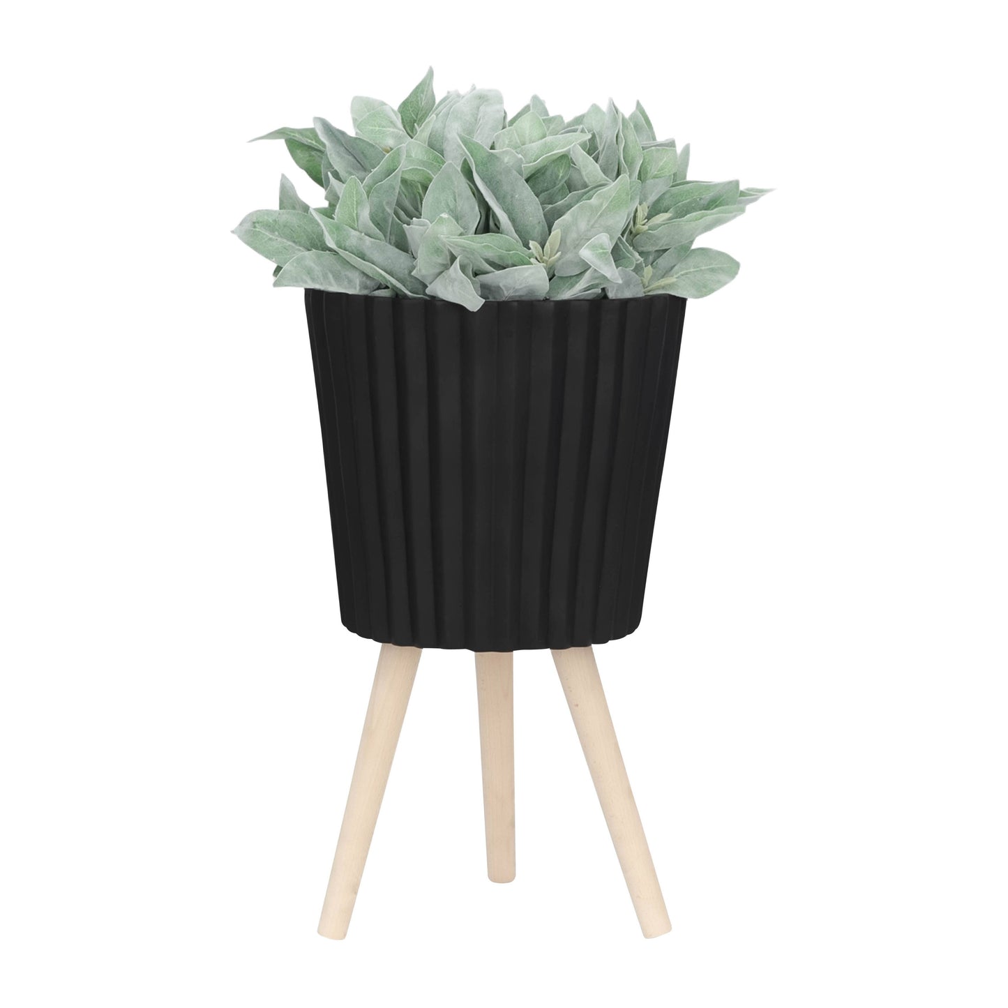 black resin w/ wood legs planter