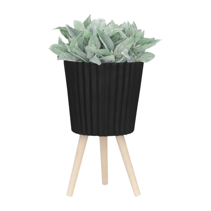 black resin w/ wood legs planter