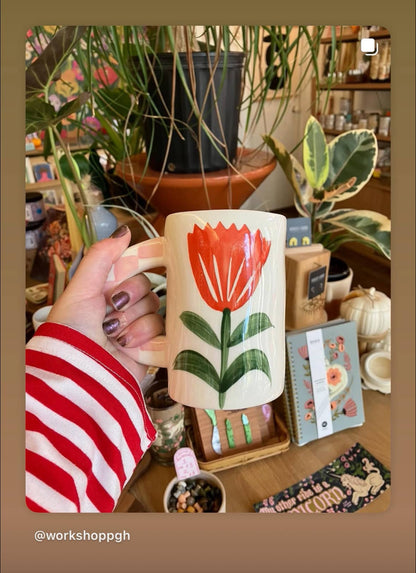 handmade red flower + pink check ceramic coffee mug