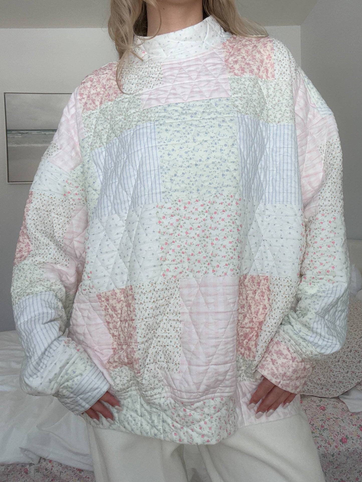 quilted pastel mockneck sweatshirt