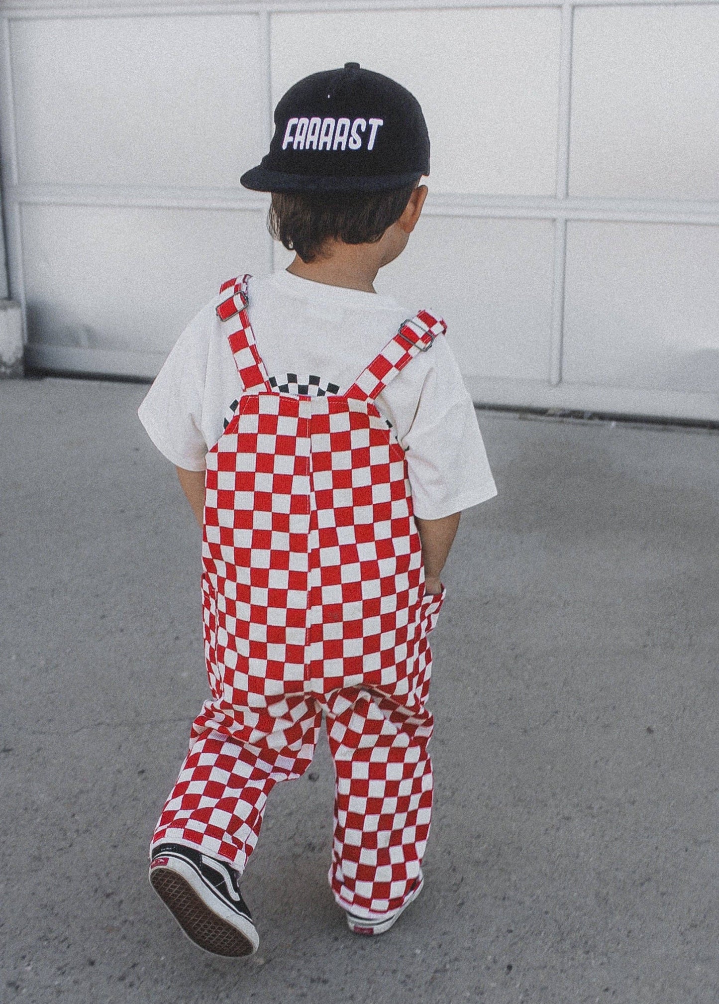 red checker overalls