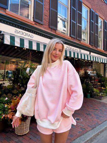 light pink + white big striped mockneck sweatshirt