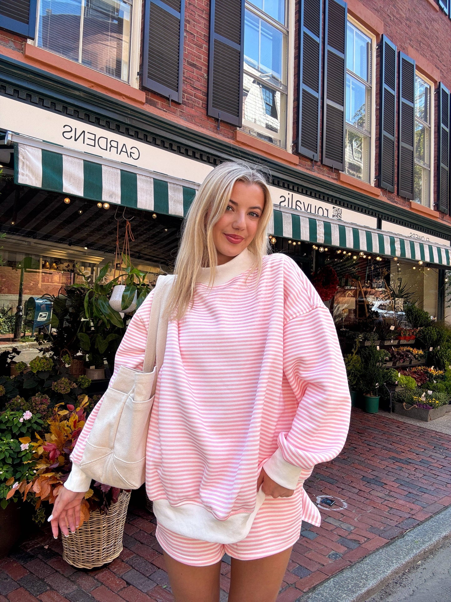 light pink + white big striped mockneck sweatshirt