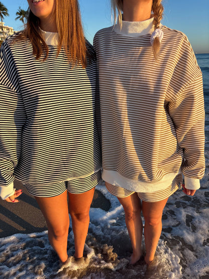 brown + white big striped mockneck sweatshirt