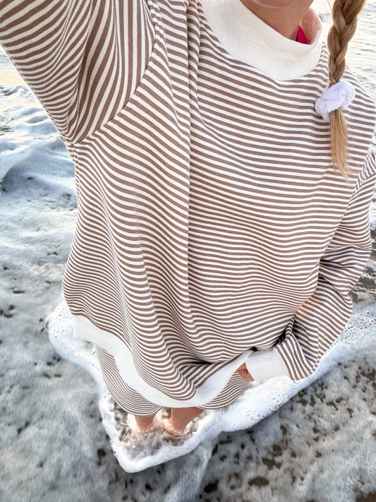 brown + white big striped mockneck sweatshirt