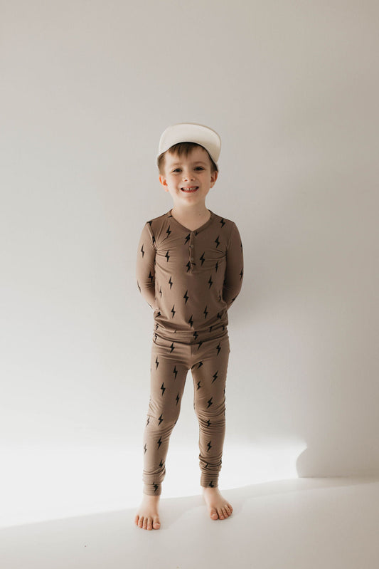 Bamboo Two Piece Pajamas | Brown & Black Lightning Bolt - Ivory Soul