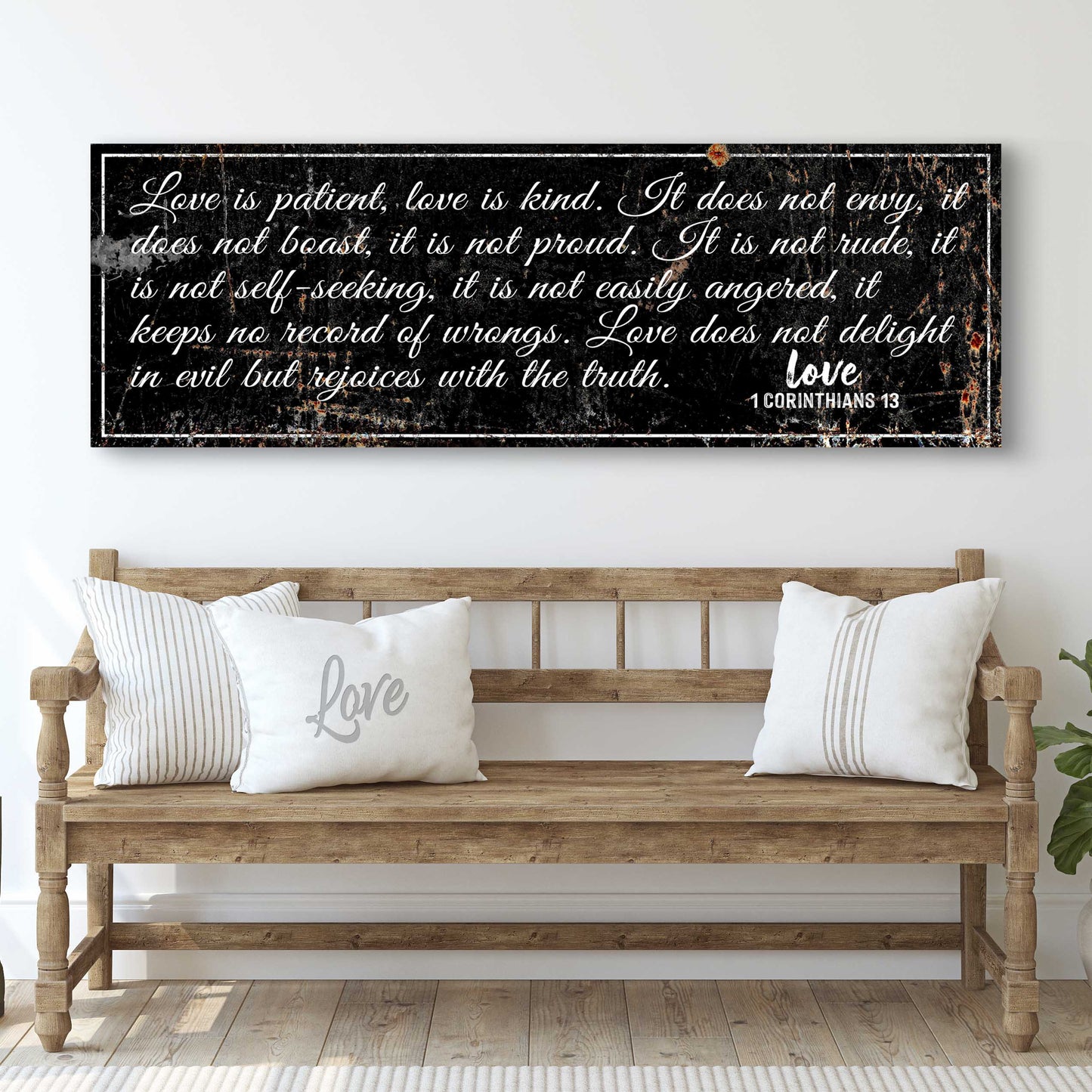 1 Corinthians 13: 'Love Is Patient' - Rustic Christian Wall Art, Religious Decor for Living Room