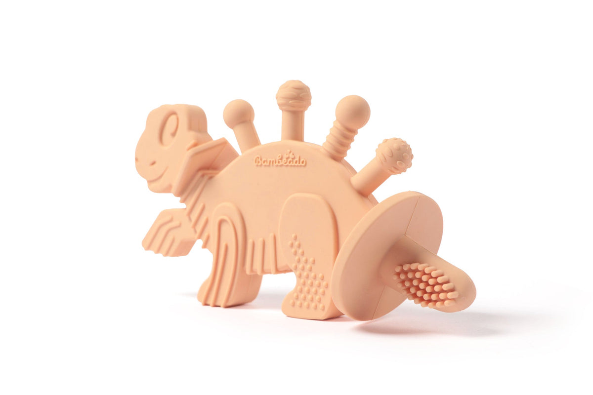 Dibly - Pink - Baltic Amber & Natural Rubber Dinosaur Teether with Toothbrush Tail